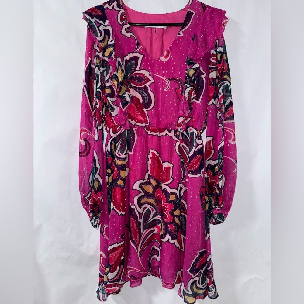 Trina Turk Saka Dress Ruffle Detail Balloon Sleeve Gold Metallic Dots Small Pink
